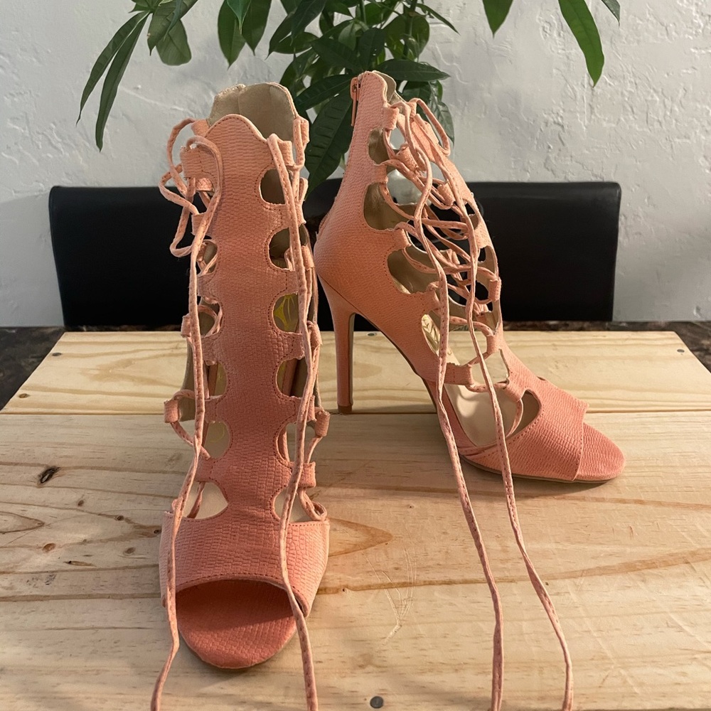 Coral pink lace up stiletto heels